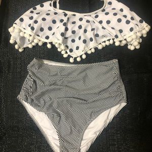 Ladies High Waist 2 Piece Swimsuit Pom-Pom Stripe